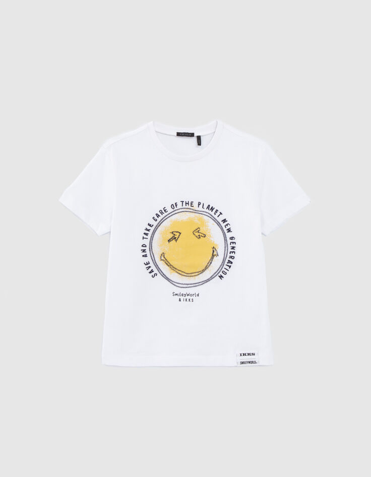 Wit T-shirt biokatoen print en borduursel SMILEYWORLD jongens-1