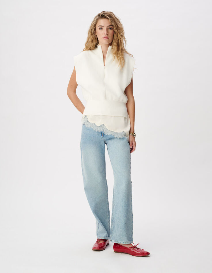 Pull sans manches blanc tricot col camionneur Femme-2
