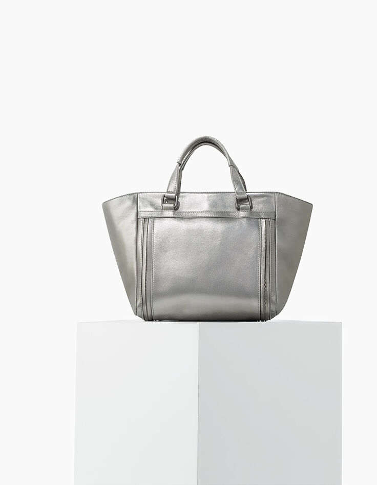 Sac cabas cuir argent LE 1440 MEDIUM SILVER matelassage chevrons femme-8