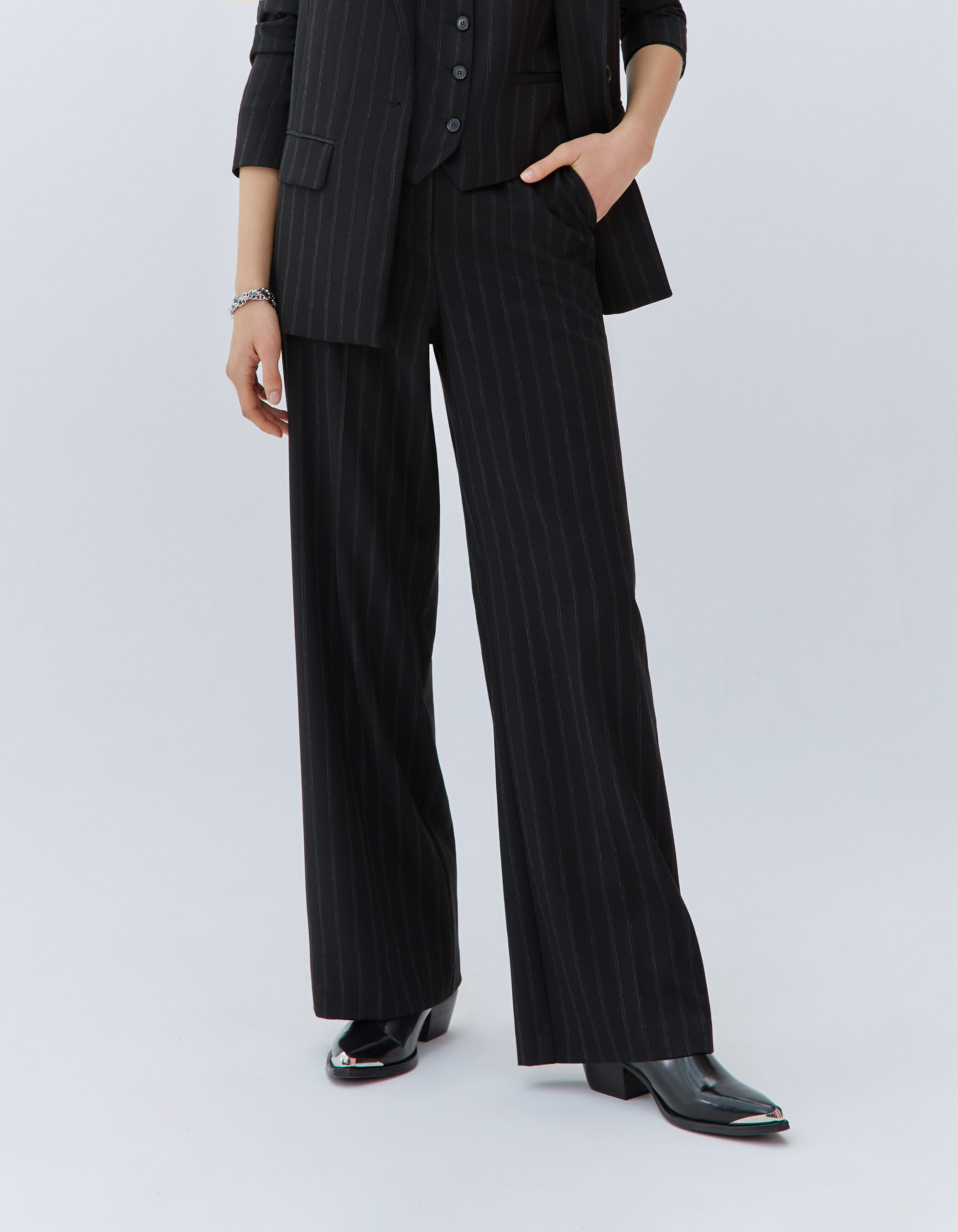 Women s black high waist wide leg pinstripe trousers