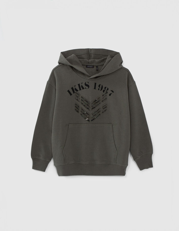 Boys’ khaki hoodie with distressed chevrons on camouflage - IKKS