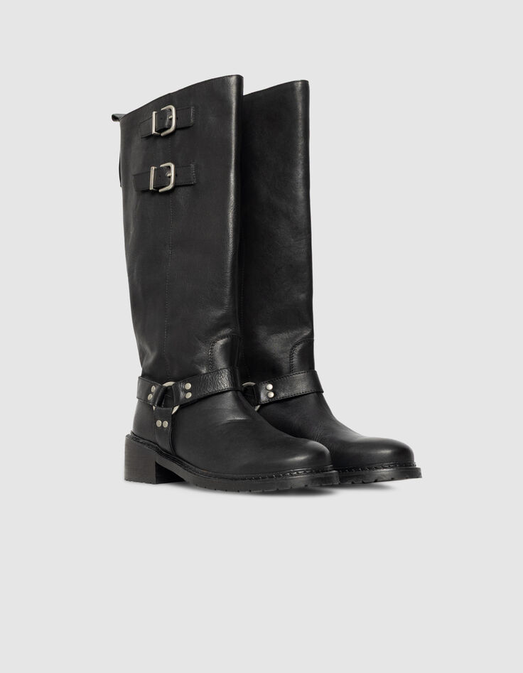 Women’s black leather biker boots with double buckle-5 Women’s black leather biker boots with double buckle-5