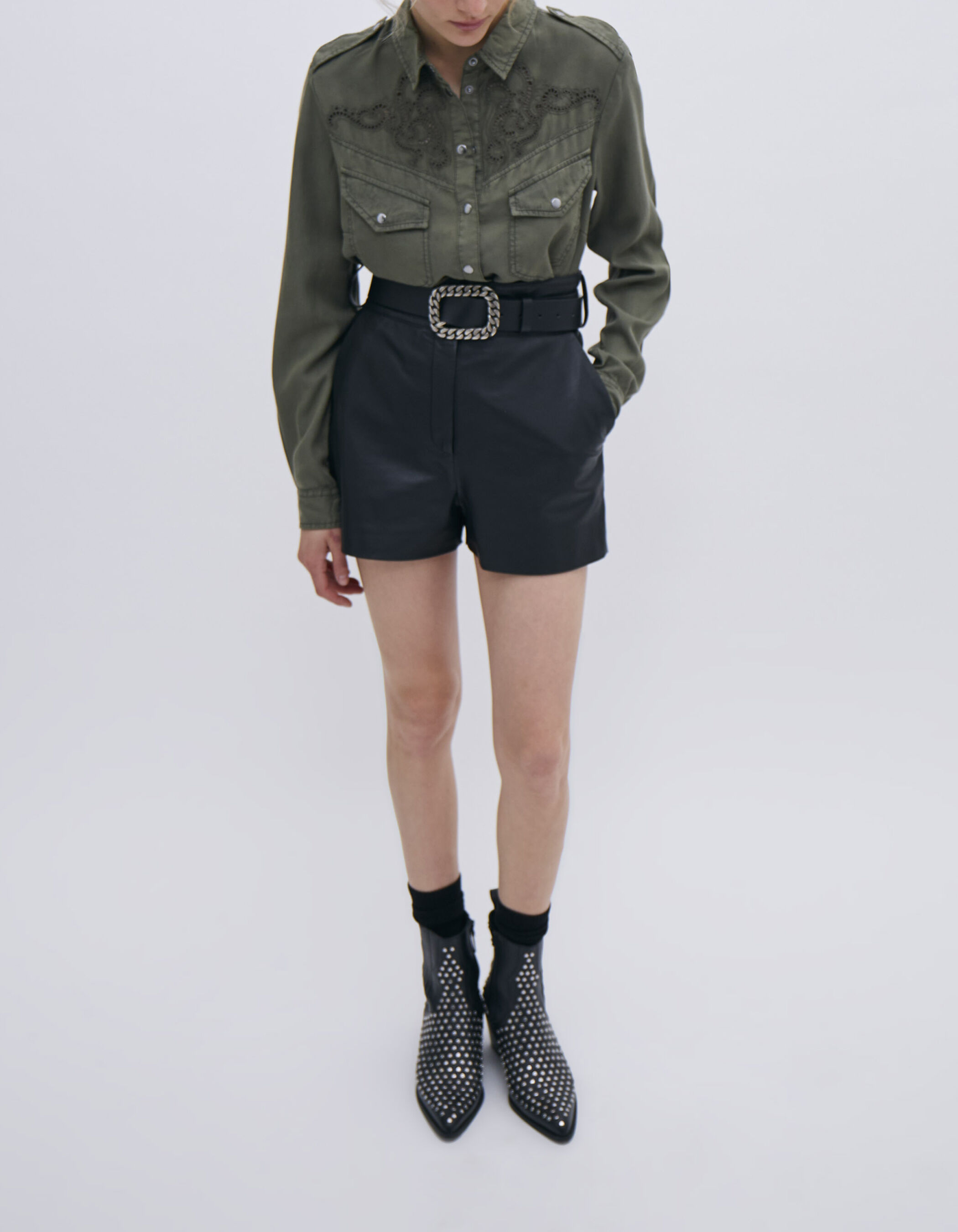 Chemise kaki Lyocell avec broderies ajourees Femme