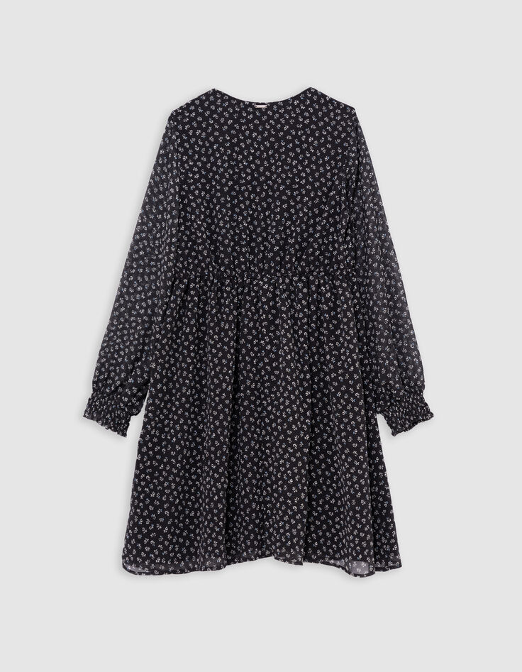 Zwarte micro-pois meisjesjurk met bloemenprint-3 Zwarte micro-pois meisjesjurk met bloemenprint-3
