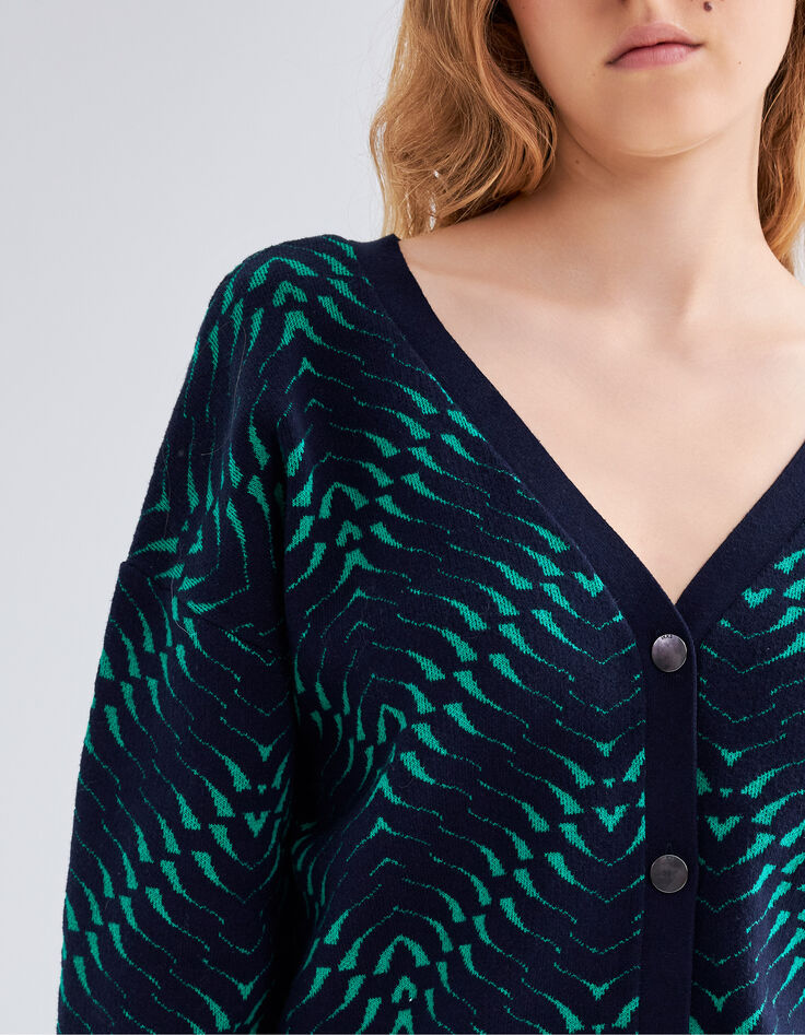 Cardigan marine tricot jacquard motif géométrique Femme-3