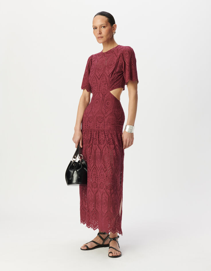 Robe longue bordeaux broderie anglaise ouverture dos Femme-1