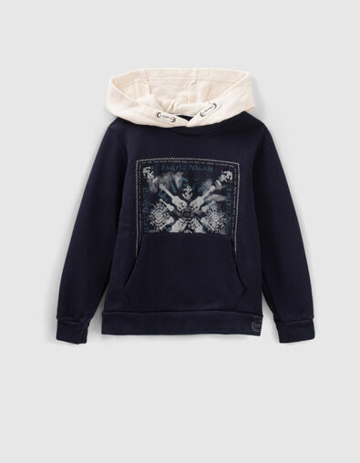 Boys’ navy organic cotton hoodie with ecru hood - IKKS