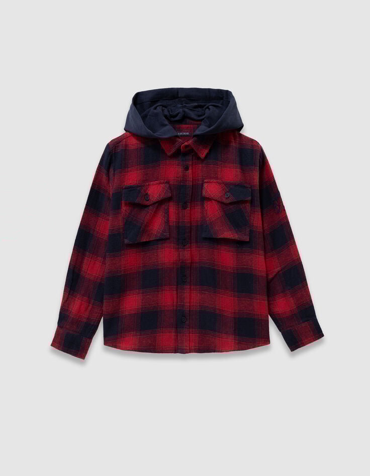 Boys’ navy/red check overshirt with detachable hood-3 Boys’ navy/red check overshirt with detachable hood-3