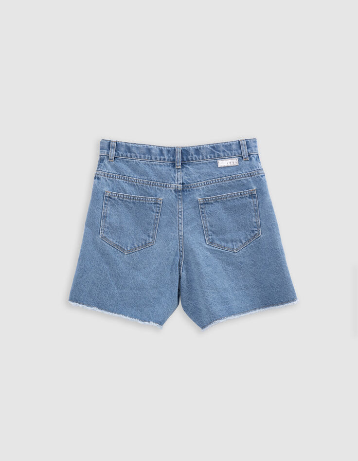 Short en jean bleu bords frangés fille-7