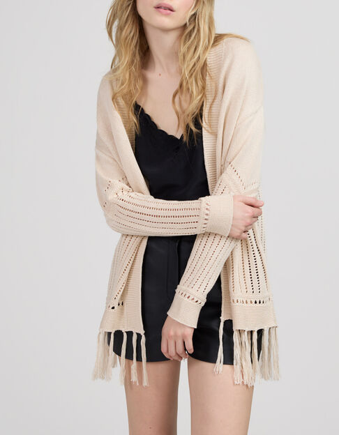 Women’s ecru openwork knit cardigan with fringed edges - IKKS