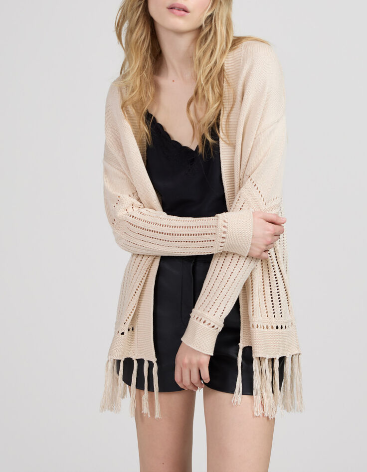 Women’s ecru openwork knit cardigan with fringed edges-1 Women’s ecru openwork knit cardigan with fringed edges-1