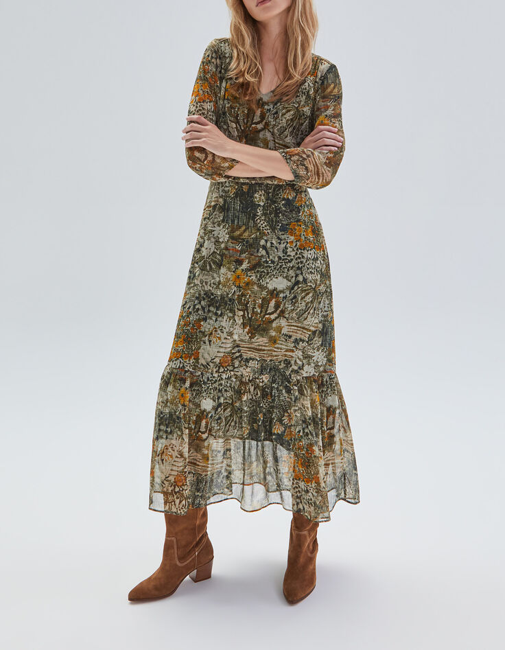 Women’s khaki landscape print long dress-2