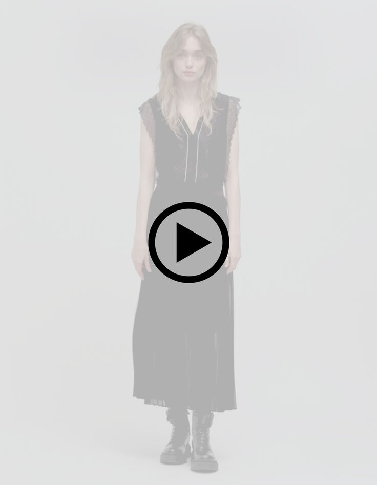 Robe longue noire pliss&eacute;e volants dentelle Femme-13