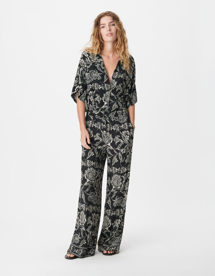 Zwarte wijde pantalon met bloemenprint voor dames-1