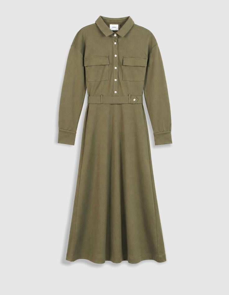 Women's Khaki Knit Shirt Dress with Belt-6