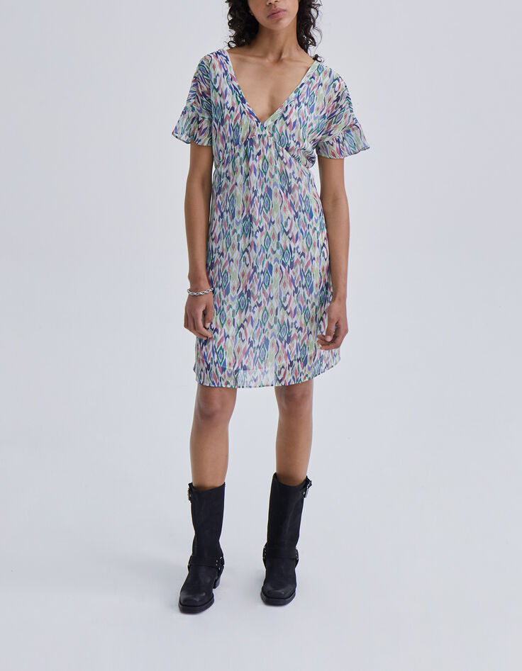 Women’s ecru ikat diamond print dress with laced back-1