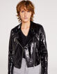 Blouson cuir noir vernis Leather Story détails chevrons matelassés femme-2