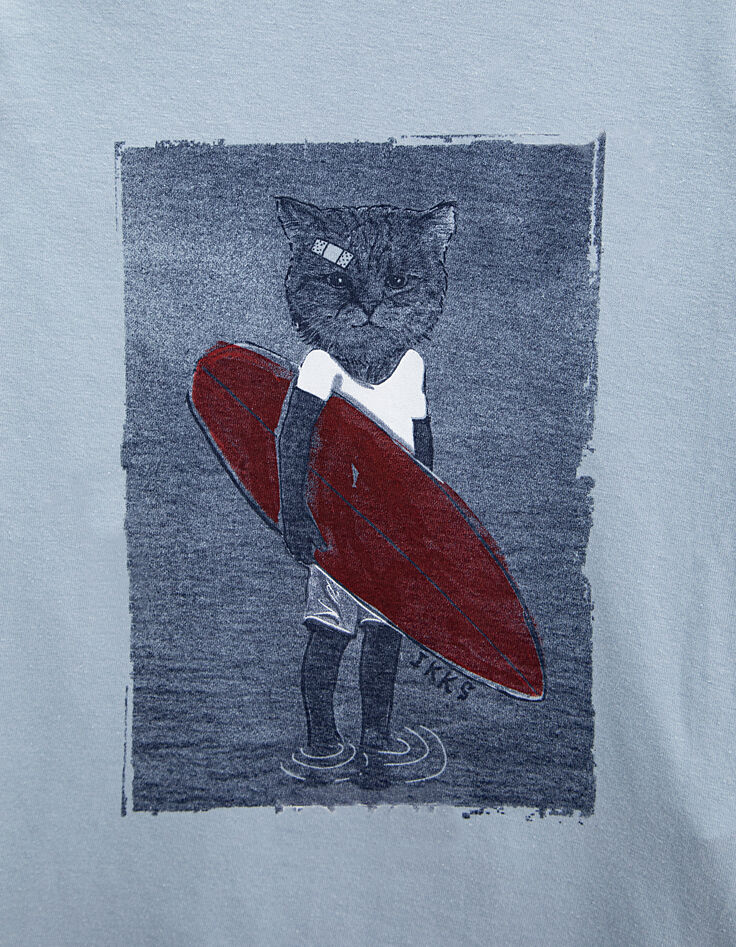 Camiseta azul celeste dibujo gato surfista niño-4