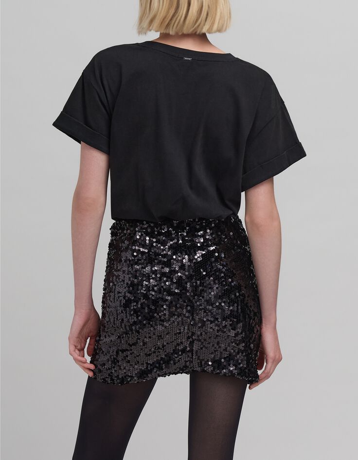 Falda corta bordada de lentejuelas negras para mujer-2