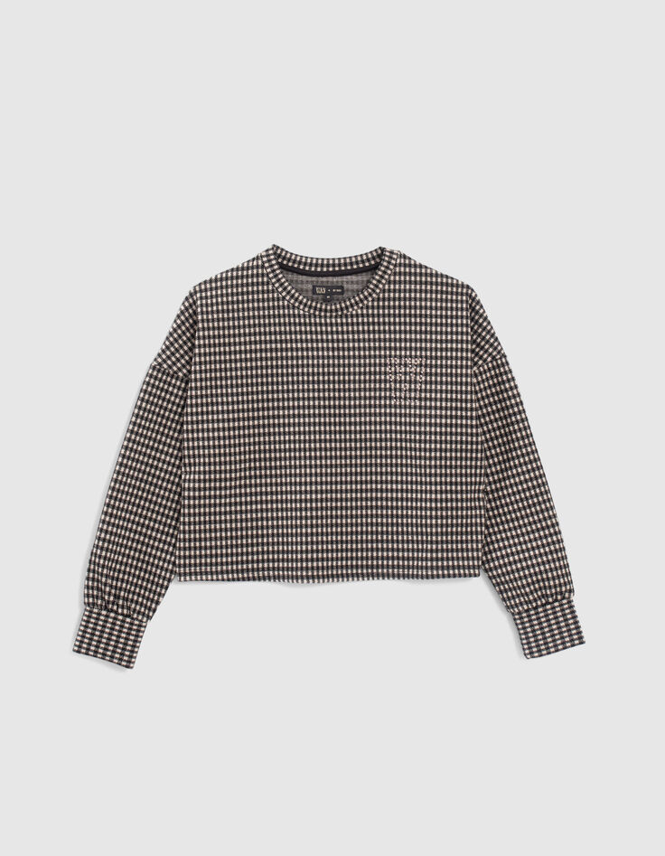 Girls' black and beige houndstooth motif sweatshirt-1