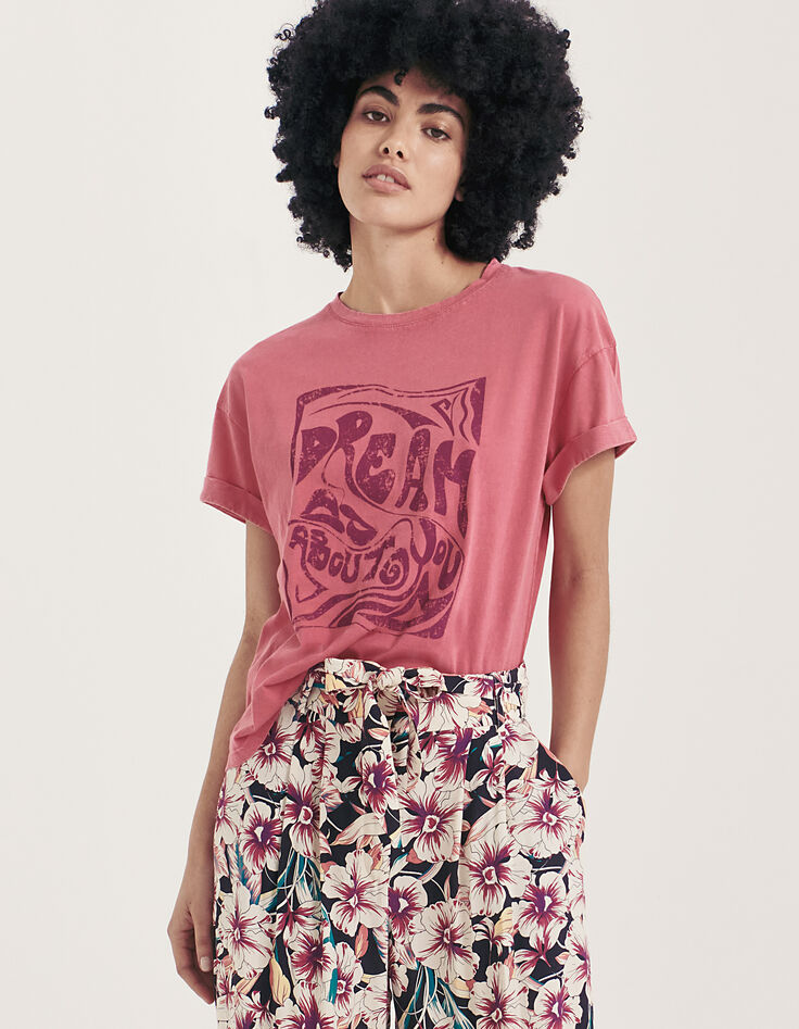 Tee-shirt col rond coton bio rose visuel message femme-1 Tee-shirt col rond coton bio rose visuel message femme-1