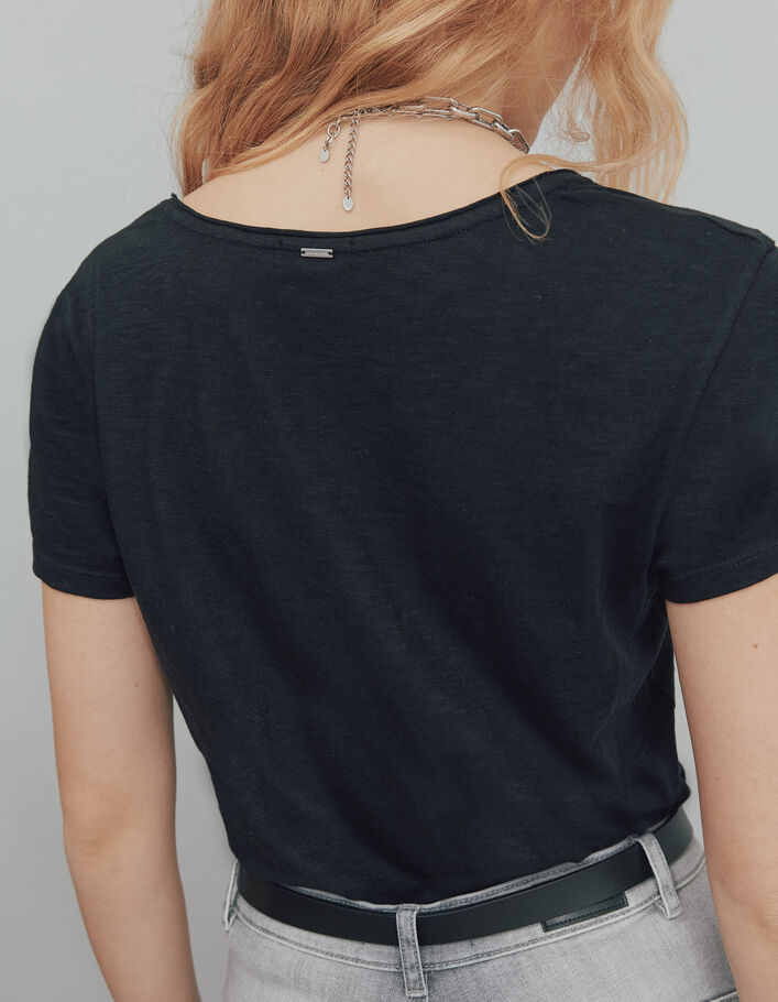 Camiseta negra de algodón flameado bio mensaje visual mujer - IKKS