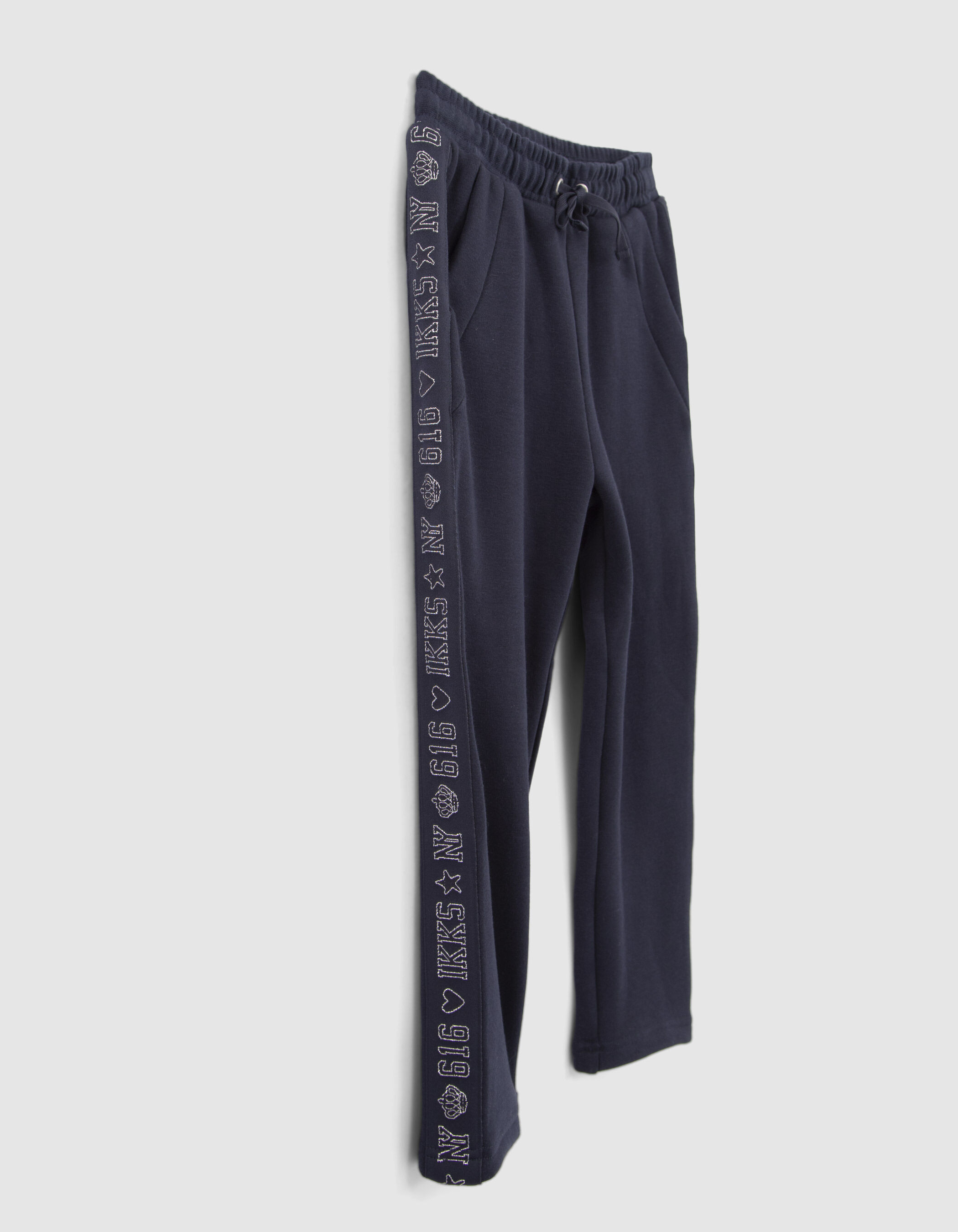 Girls navy joggers with lurex side bands