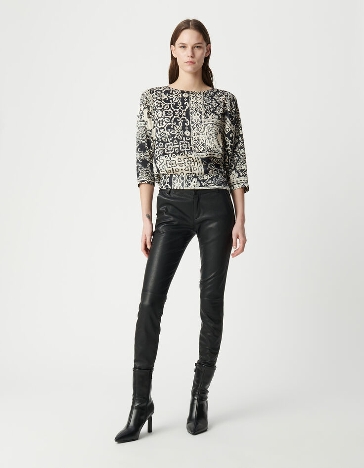 Blouse noire imprim&eacute; patchwork foulard Femme-1