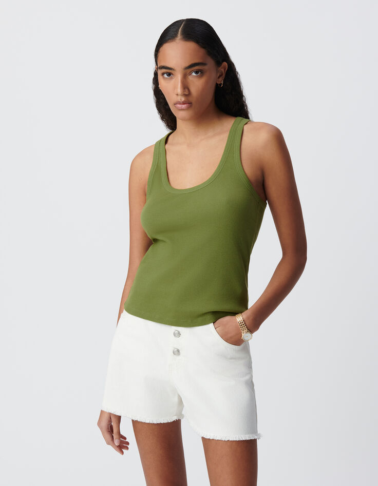 Women's green rib-knit tank top with herringbone embroidery on back-2