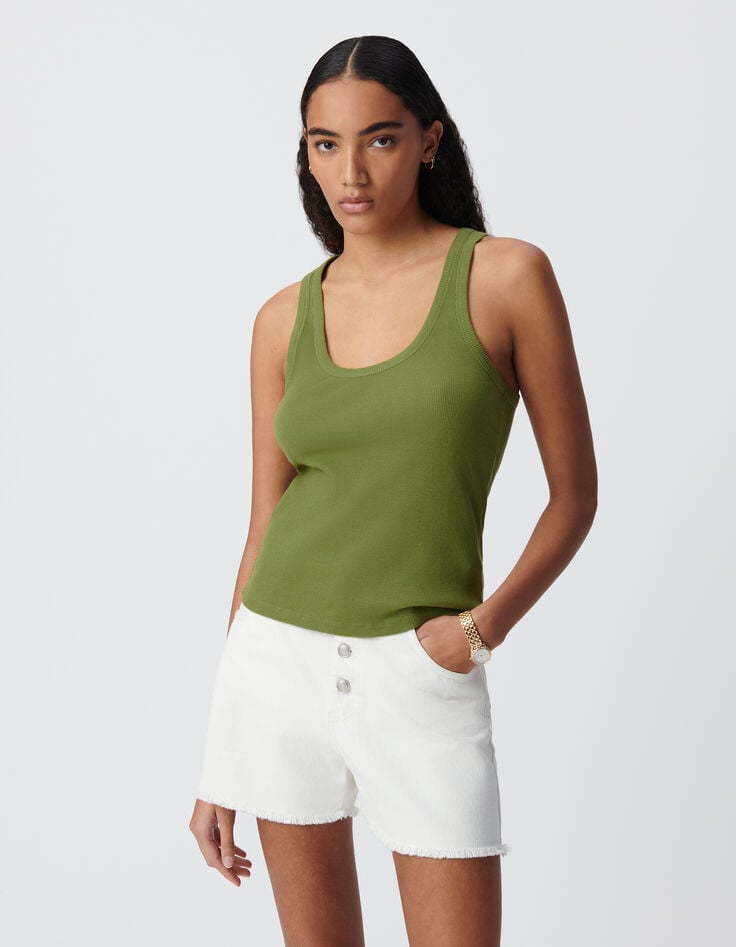 Women's green rib-knit tank top with herringbone embroidery on back-2 Women's green rib-knit tank top with herringbone embroidery on back-2