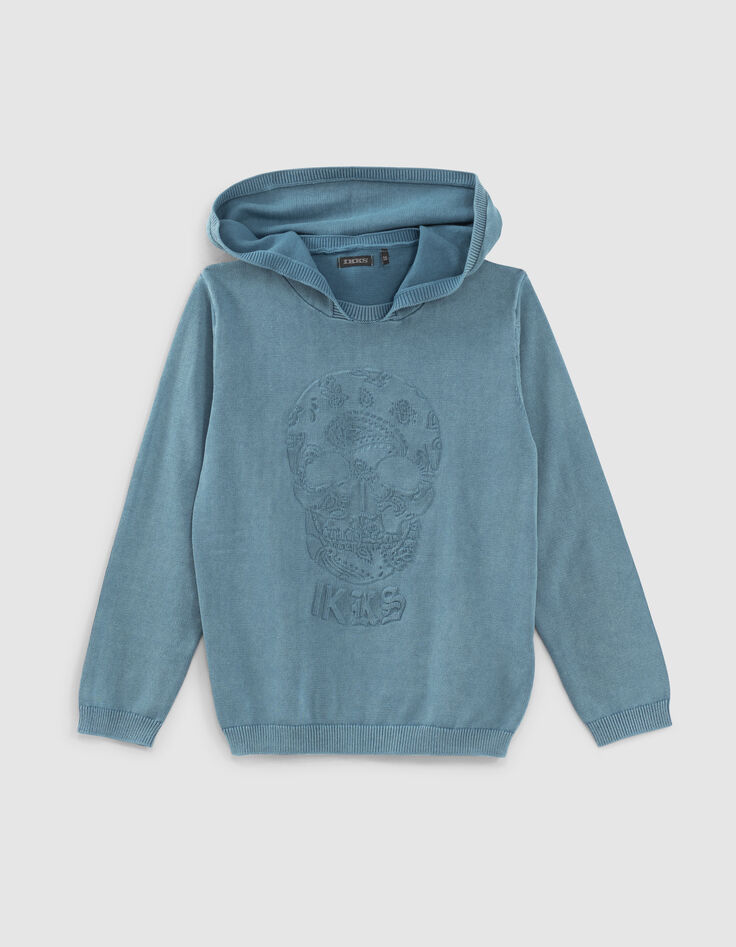 Boys’ blue knit sweater with embossed skull and hood-1