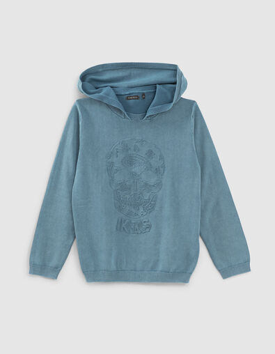 Boys’ blue knit sweater with embossed skull and hood - IKKS