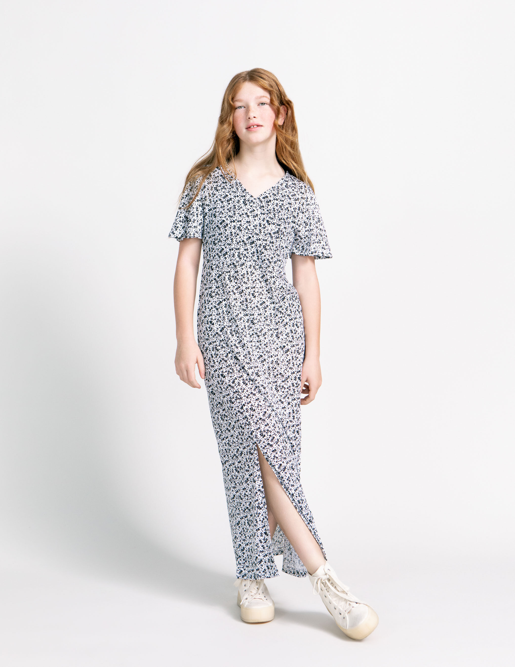 Robe longue blanc casse imprime fleurs noires fille IKKS