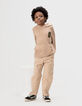 Beiger Jungen-Kapuzenpulli melierter Strick Zahlenbadge-2
