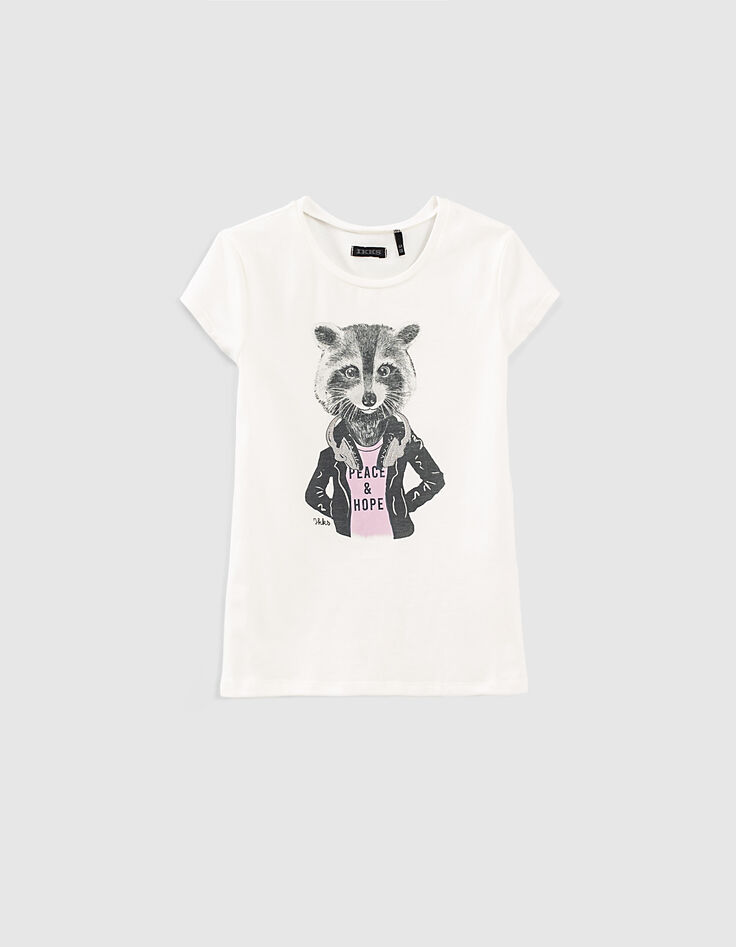T-shirt blanc cassé à visuel raton-laveur fille-1
