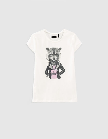Girls' off-white racoon image T-shirt