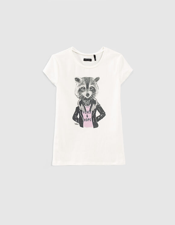 Cremeweißes Mädchen-T-Shirt mit Waschbären-Motiv