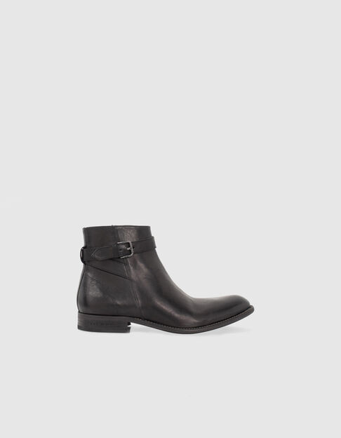 Men’s black leather boots with buckled strap