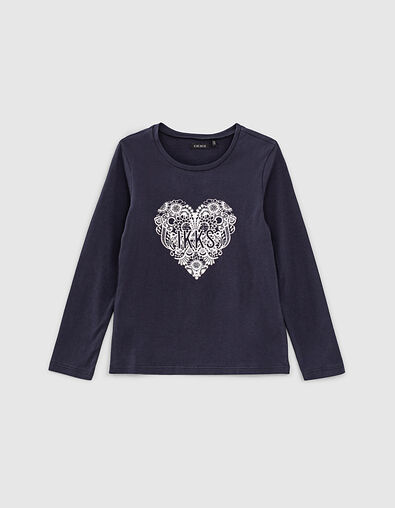 Girls’ navy T-shirt with lace heart - IKKS
