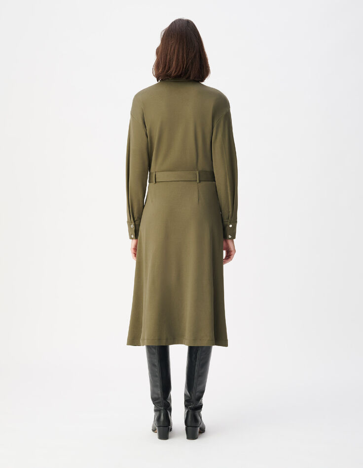 Women's Khaki Knit Shirt Dress with Belt-3