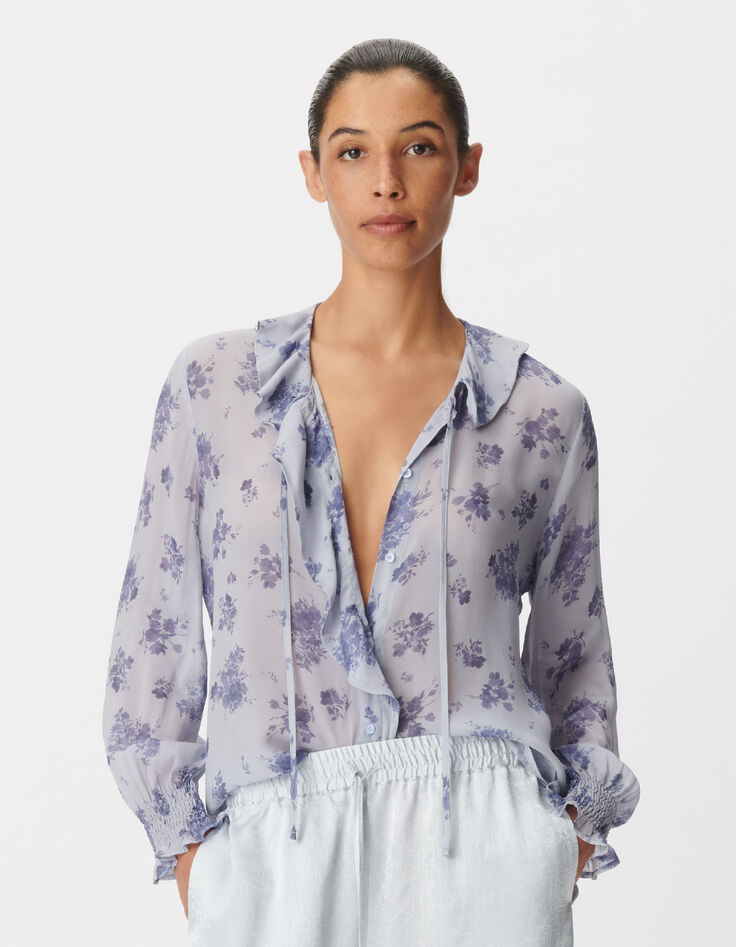 Women's blue micro flower print flowing shirt-4