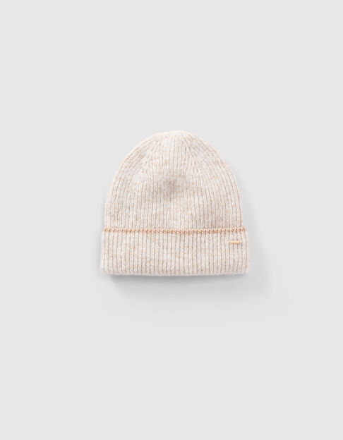 Beige Mädchenstrickmütze mit Lurex-Kante