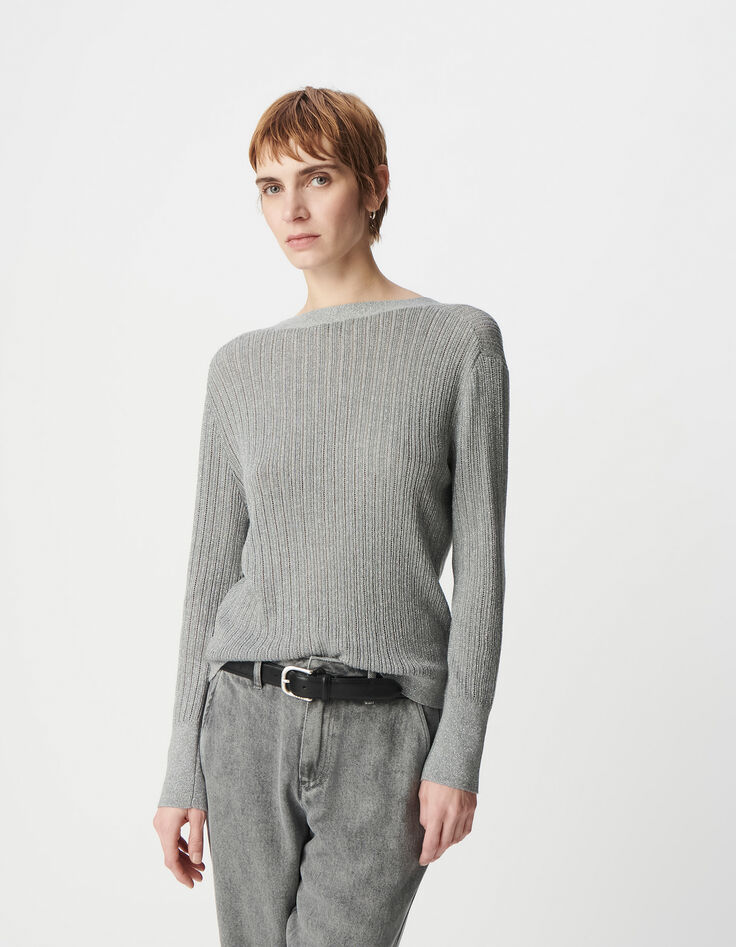 Elegante Cárdigan de lúrex gris calado para Mujer-6