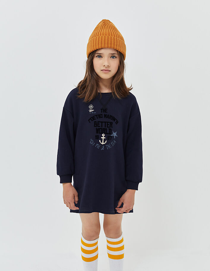 Marineblaues Mädchensweatkleid mit Veloursschriftzug - IKKS