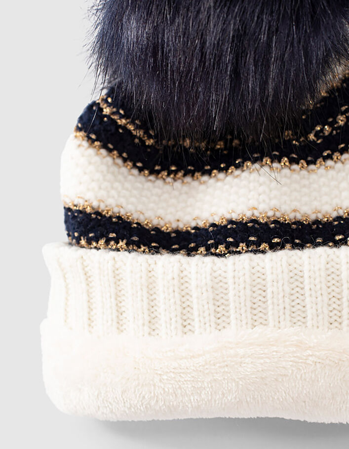 Girls’ ecru knit beanie with navy and gold stripes - IKKS