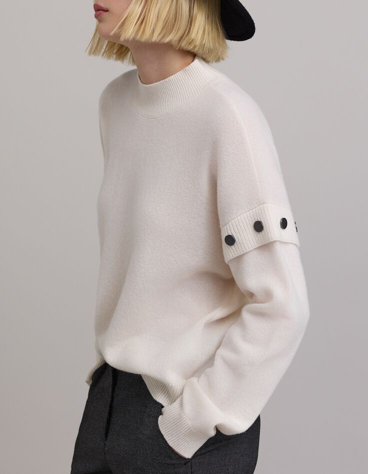 Wei&szlig;er Damenstrickpullover mit Nietendekor Armausschnitte-5