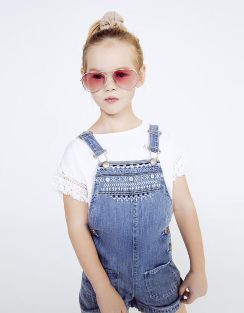 Girls’ denim short dungarees and white T-shirt outfit - IKKS