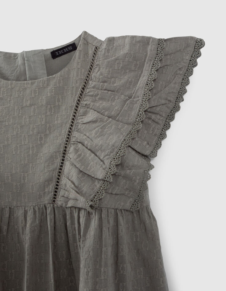 Khaki Mädchenkleid mit Jacquard und Rüschenärmeln-4