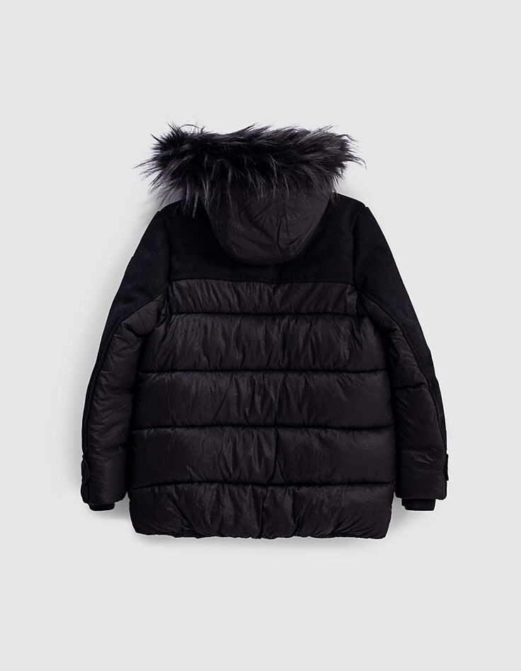Parka noire bi mati&egrave;re &agrave; capuche fille-3