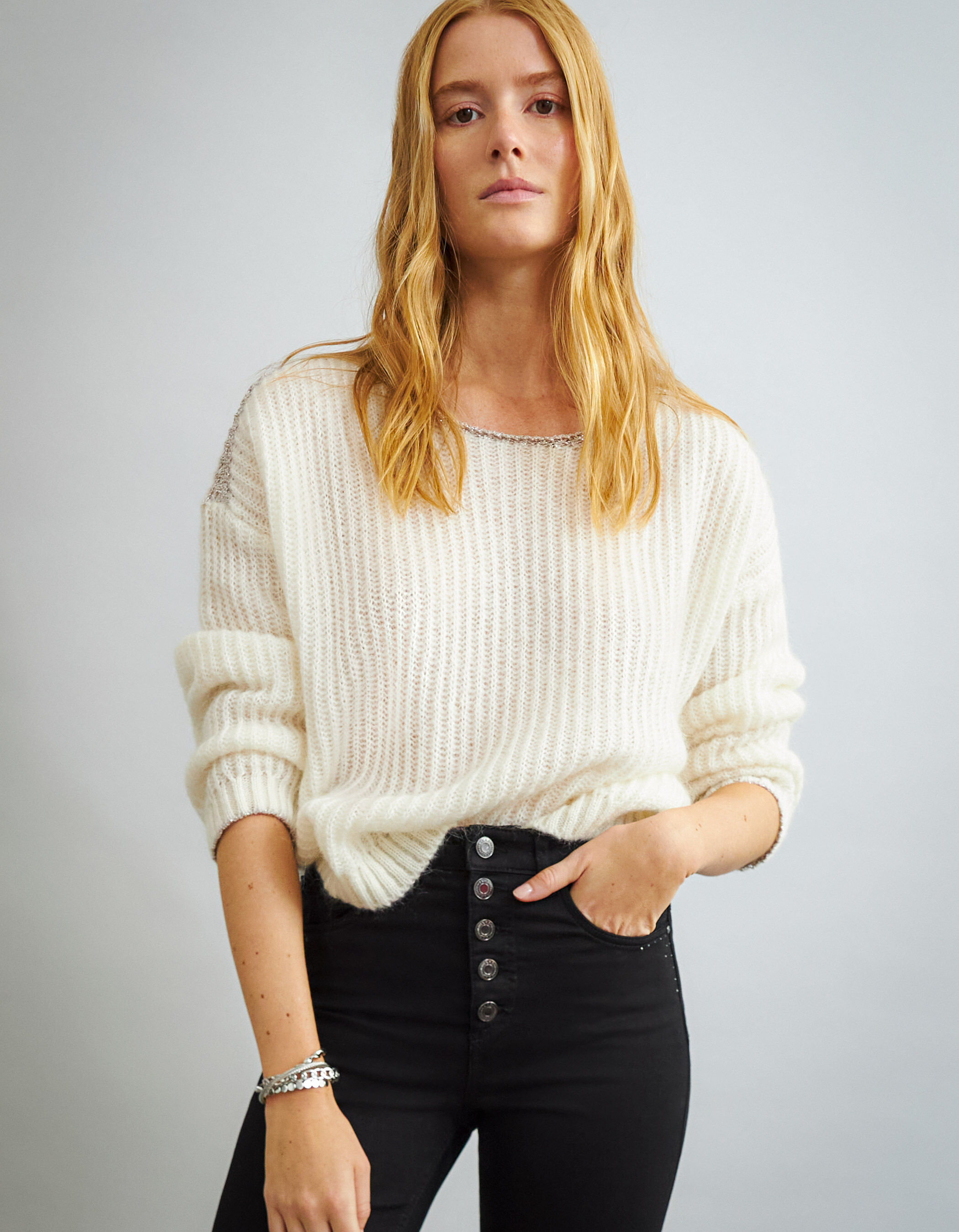 Women's ecru chunky knit sweater with mohair
